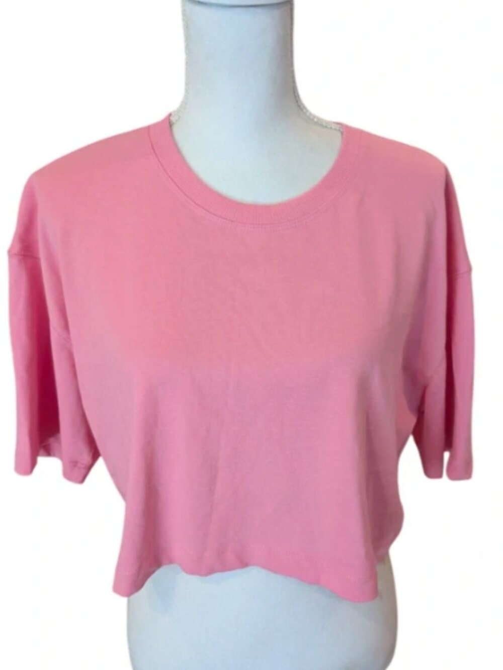 Zara Crop Top Short Sleeve Ribbed Knit Cotton Blend Pink Crew Neck Sz M